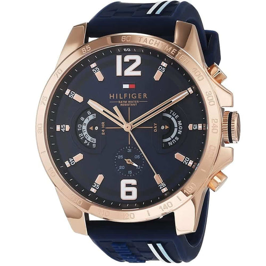 Tommy Hilfiger Men’s Watch Silicone Blue Strap With Blue Dial And Rose Gold Case 1791474