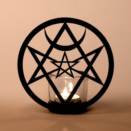 Alchemy Gothic Unicursal Hex Tealight Holder - Black Iron & Glass Candle Stand