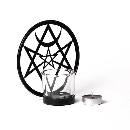 Alchemy Gothic Unicursal Hex Tealight Holder - Black Iron & Glass Candle Stand