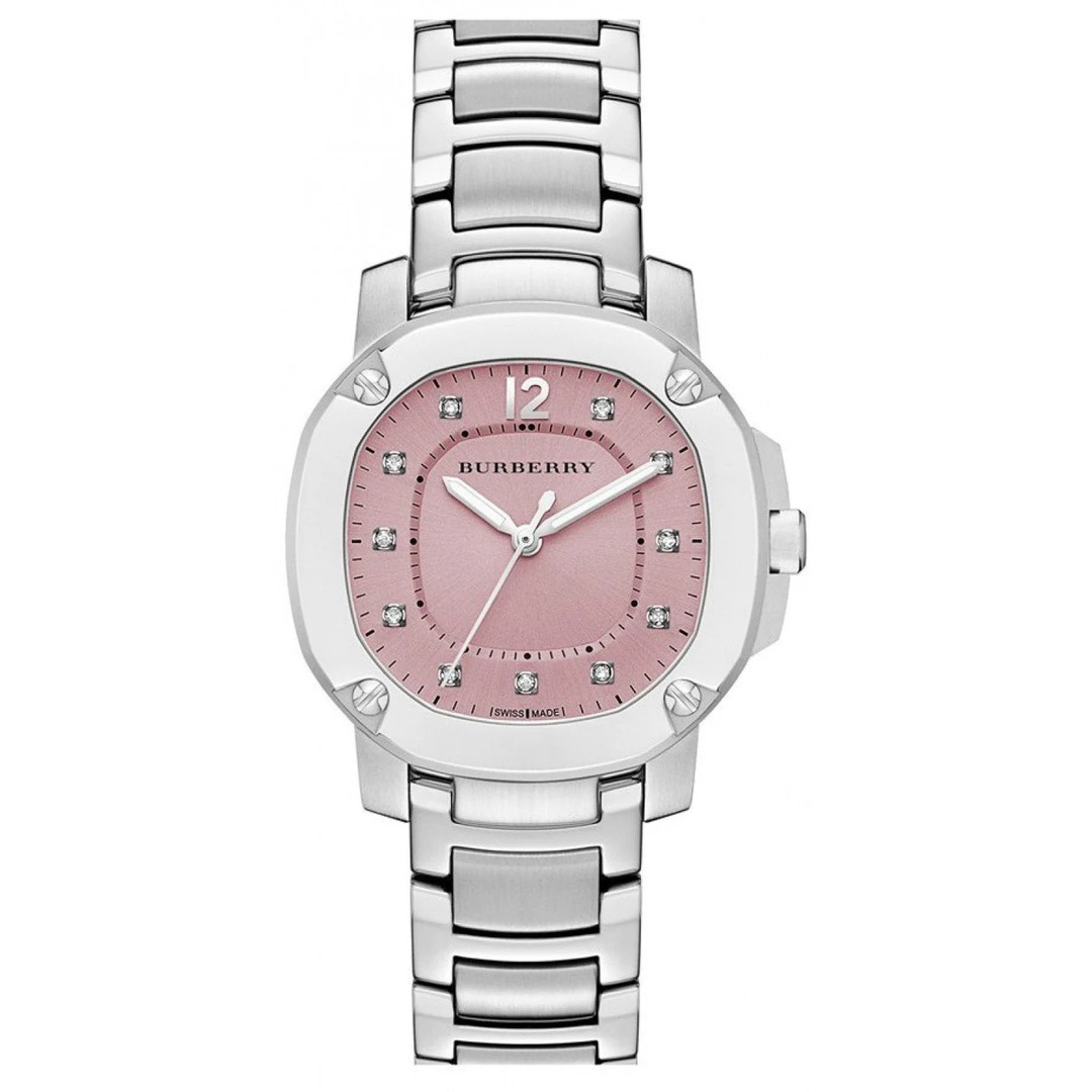 Burberry The Britain Diamonds Pink Dial Silver Steel Strap Watch for Women - BBY1805