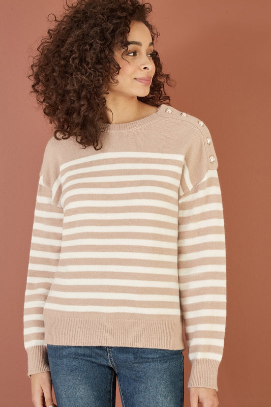 Yumi Beige Stripe Knitted Relaxed Jumper With Button Details