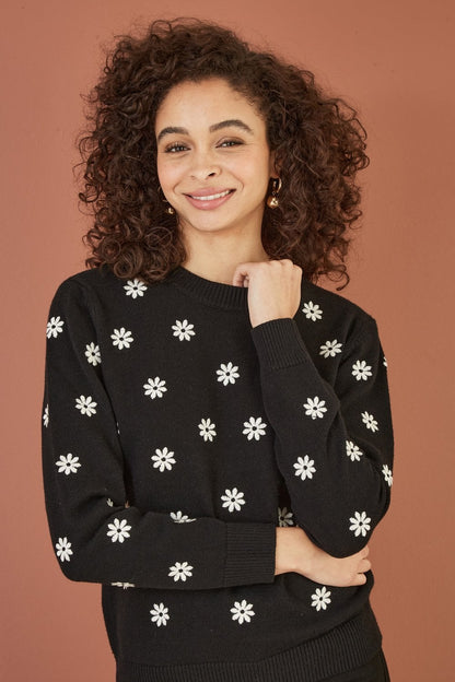 Yumi Black All Over Embroidered Daisy Knitted Jumper