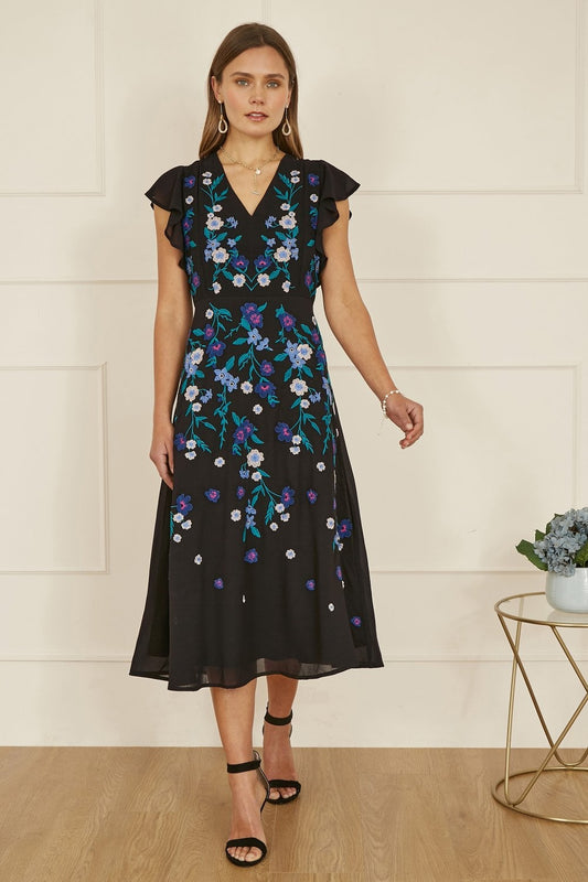Yumi Black All Over Floral Embroidery Midi Skater Dress