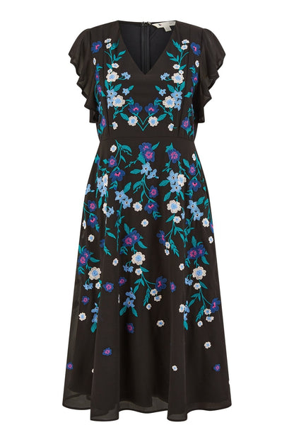 Yumi Black All Over Floral Embroidery Midi Skater Dress