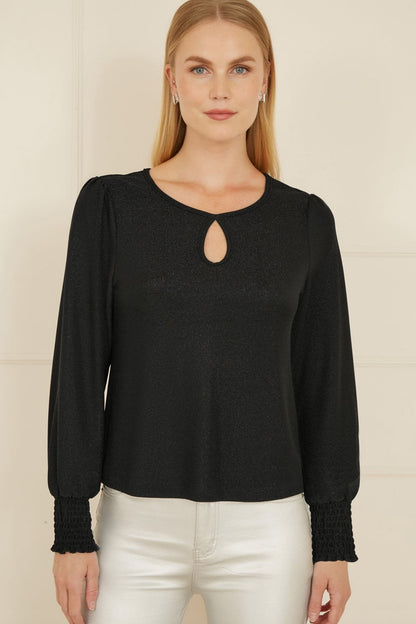 Yumi Black And Gold Sparkle Stretch Keyhole Neckline Top