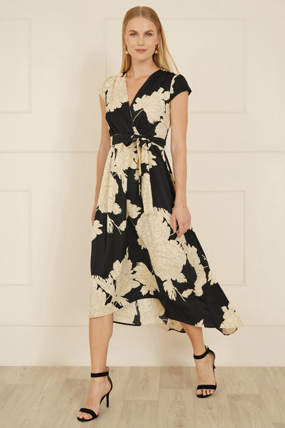Yumi Black Blossom Print Wrap Midi With Dipped Hem