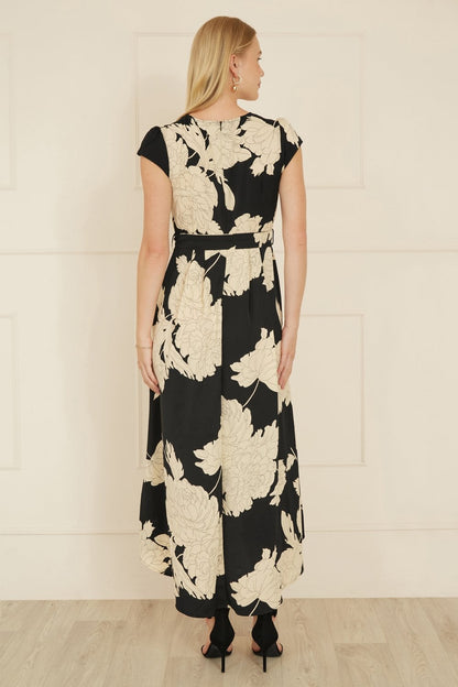 Yumi Black Blossom Print Wrap Midi With Dipped Hem