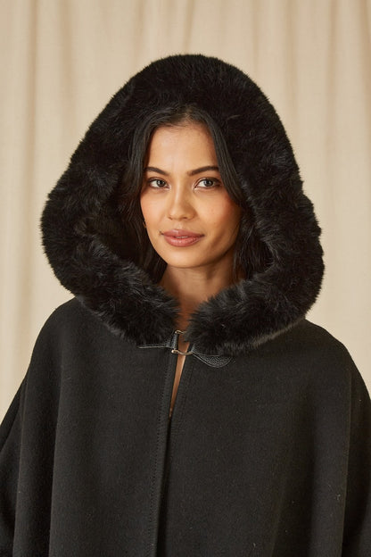Yumi Black Cape With Luxe Fur Trim And Lining