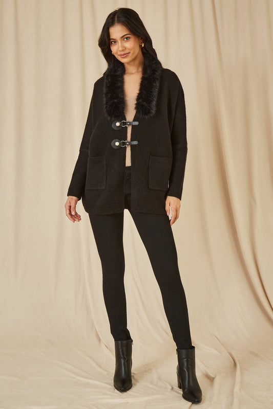 Yumi Black Cardigan With Detachable Fur Collar Trim