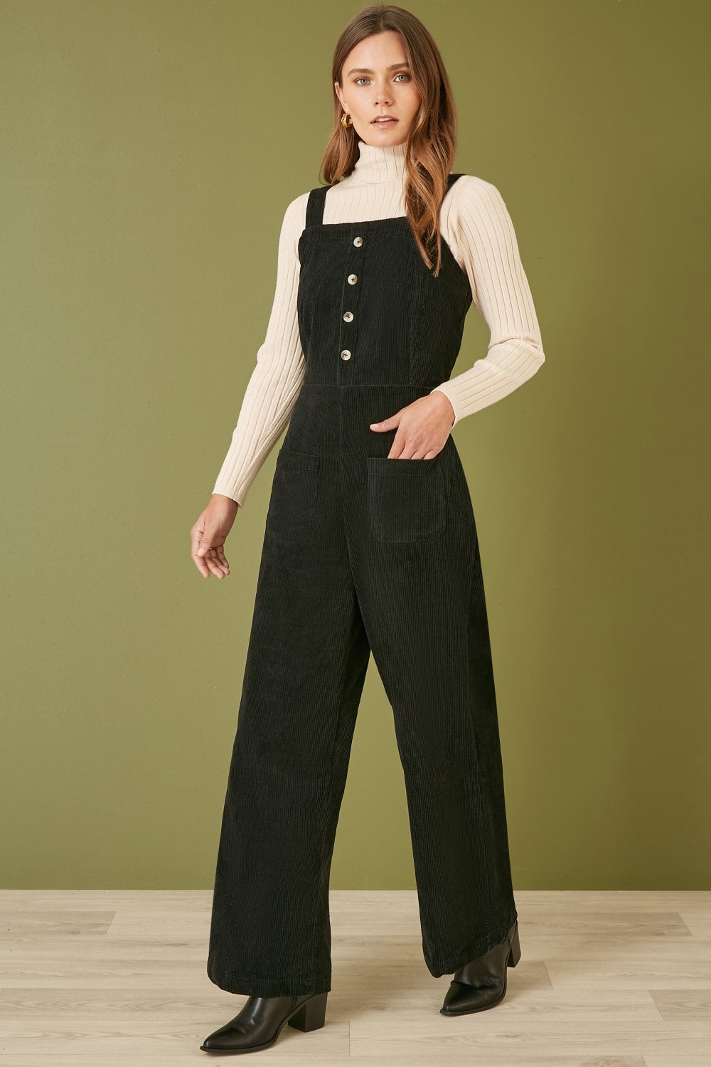 Yumi Black Cord Stretch Dungaree Style Jumpsuit