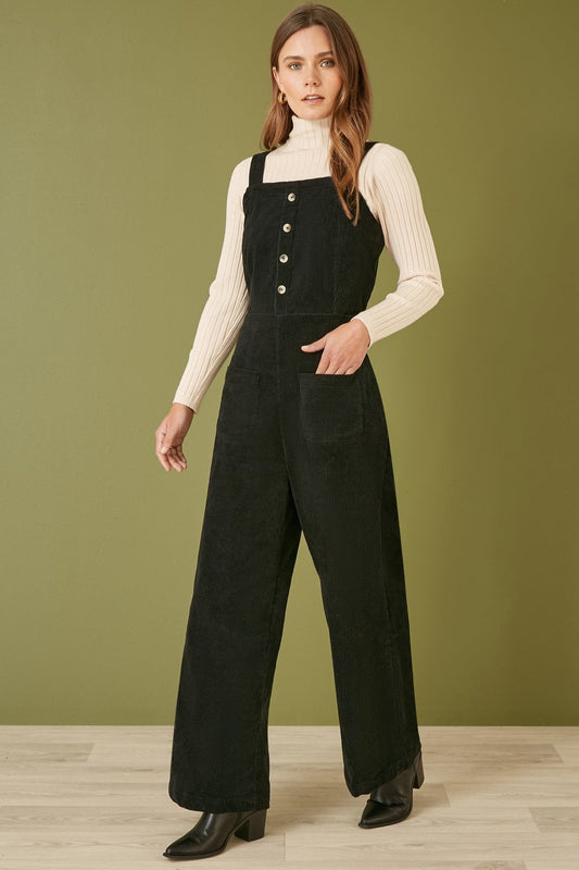Yumi Black Cord Stretch Dungaree Style Jumpsuit