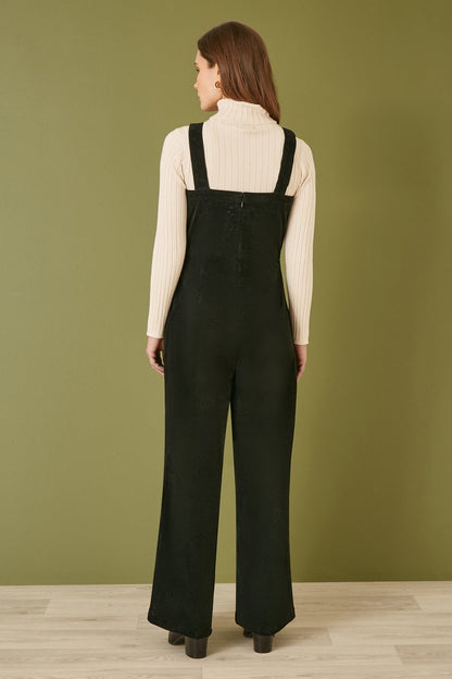 Yumi Black Cord Stretch Dungaree Style Jumpsuit