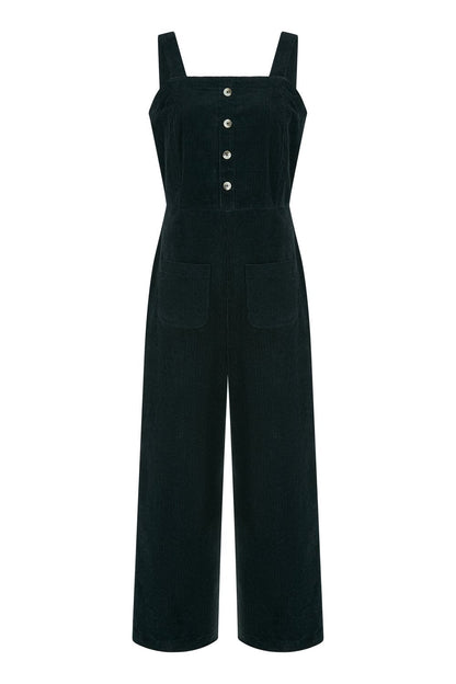 Yumi Black Cord Stretch Dungaree Style Jumpsuit