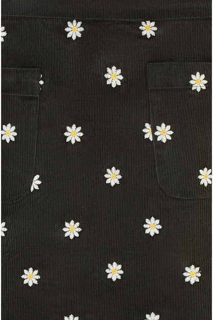 Yumi Black Corduroy Embroidered Daisy Mini Skirt