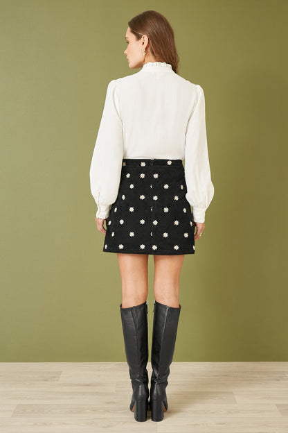 Yumi Black Corduroy Embroidered Daisy Mini Skirt