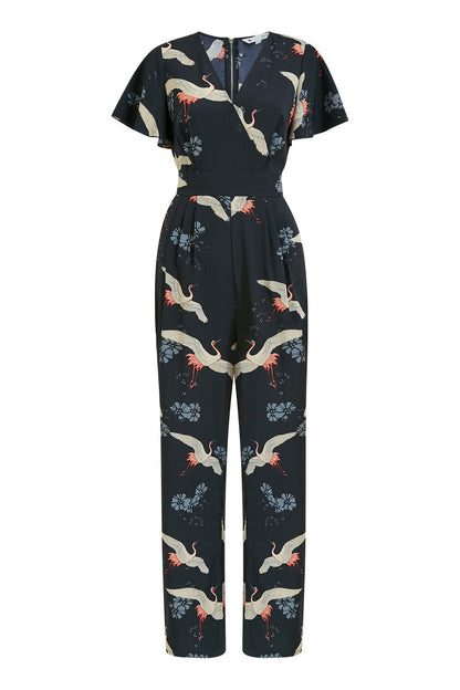 Yumi Black Crane Print Angel Sleeve Jumpsuit
