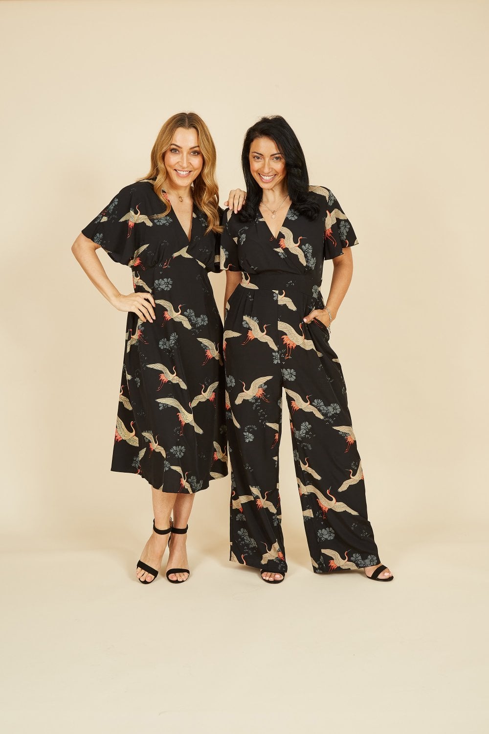 Yumi Black Crane Print Angel Sleeve Jumpsuit