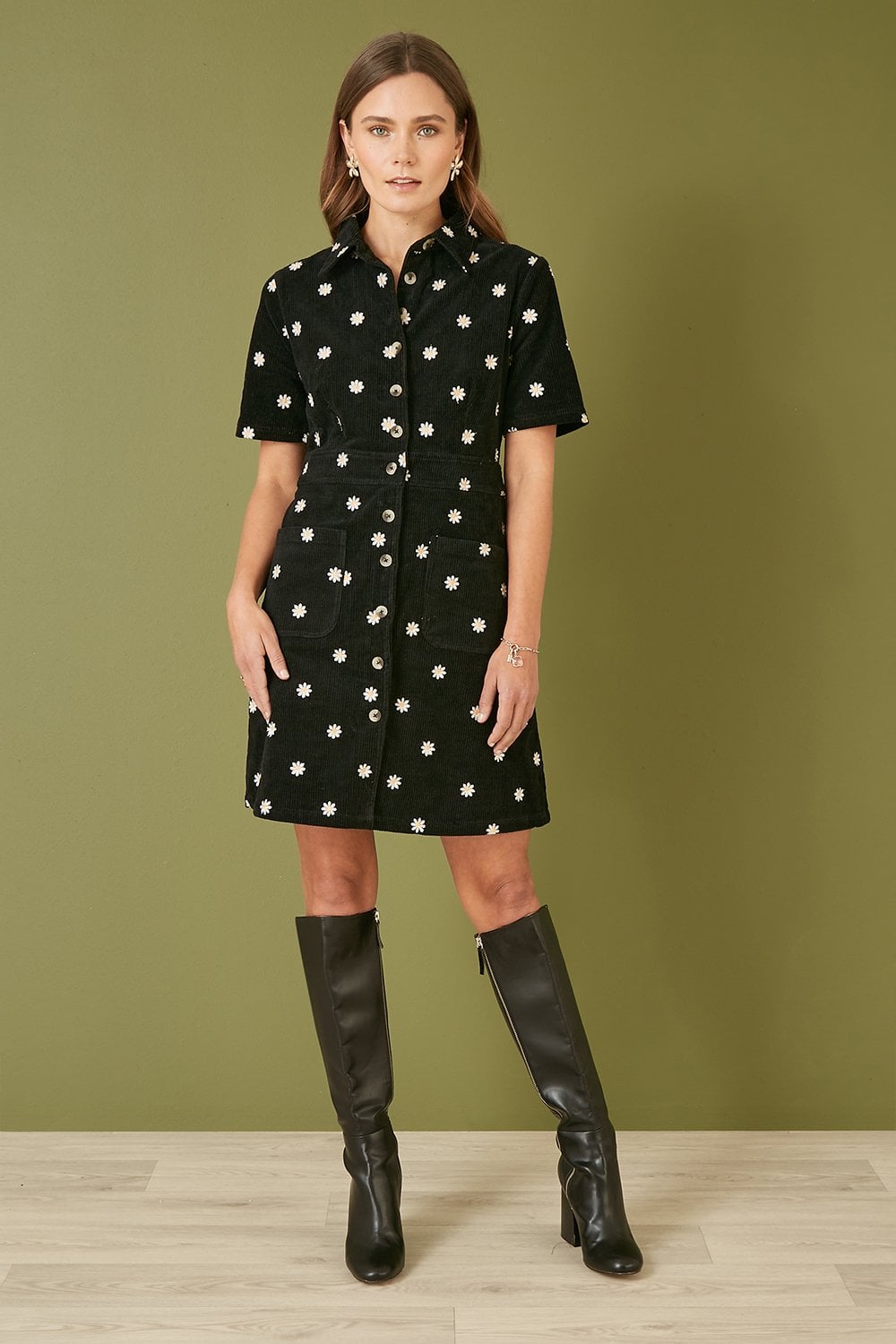 Yumi Black Daisy Embroidered Cord Shirt Dress