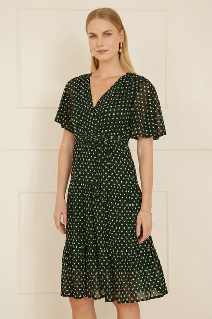 Yumi Black Dot Print Mesh Stretch Midi Skater Dress