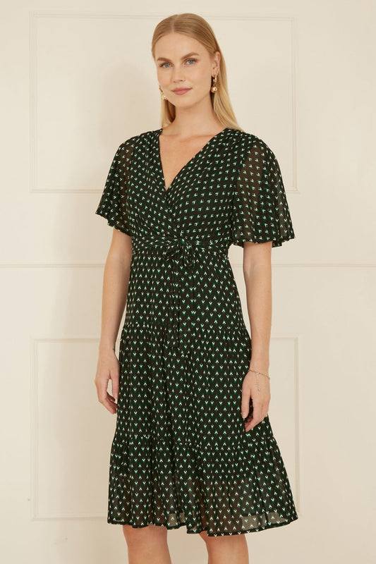 Yumi Black Dot Print Mesh Stretch Midi Skater Dress