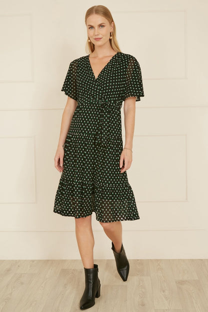 Yumi Black Dot Print Mesh Stretch Midi Skater Dress