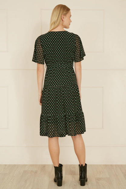 Yumi Black Dot Print Mesh Stretch Midi Skater Dress