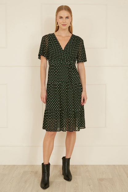 Yumi Black Dot Print Mesh Stretch Midi Skater Dress