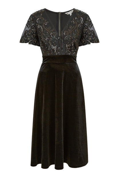 Yumi Black Embellished Velvet Wrap Skater Midi Dress