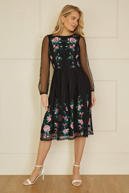 Yumi Black Embroidered Long Mesh Sleeve Prom Skater Dress