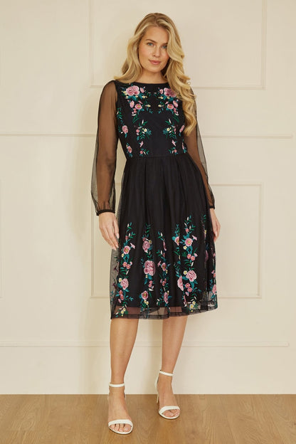 Yumi Black Embroidered Long Mesh Sleeve Prom Skater Dress