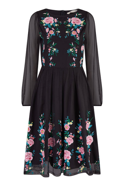 Yumi Black Embroidered Long Mesh Sleeve Prom Skater Dress