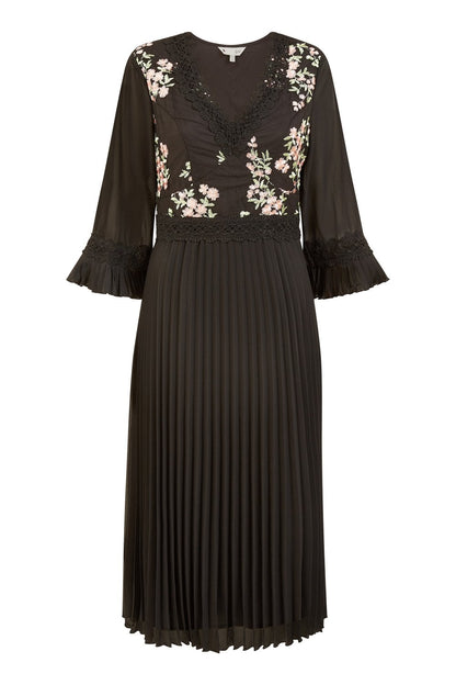 Yumi Black Embroidered Panel Midi Dress With Pleats