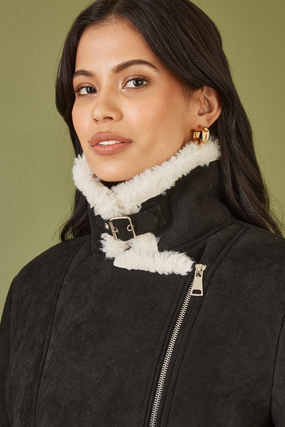 Yumi Black Faux Suede And Shearling Biker Jacket