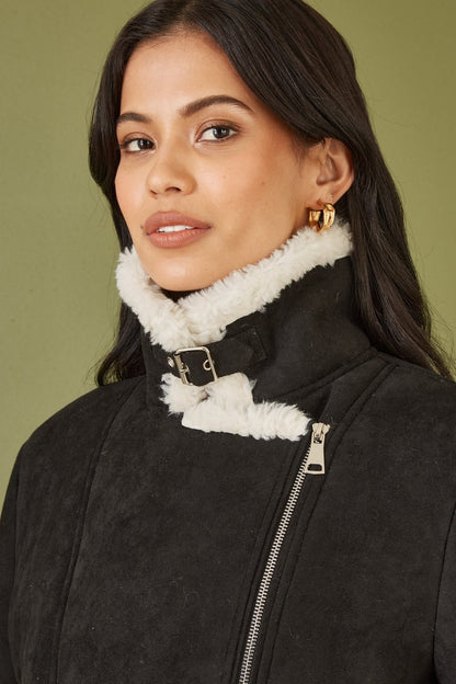 Yumi Black Faux Suede And Shearling Biker Jacket