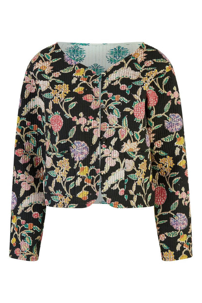 Yumi Black Floral Print Reversible Cotton Cropped Quilted Jacket