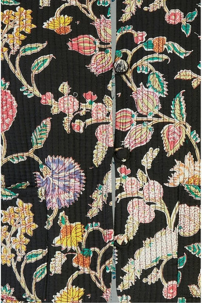 Yumi Black Floral Print Reversible Cotton Cropped Quilted Jacket