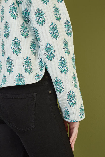 Yumi Black Floral Print Reversible Cotton Cropped Quilted Jacket