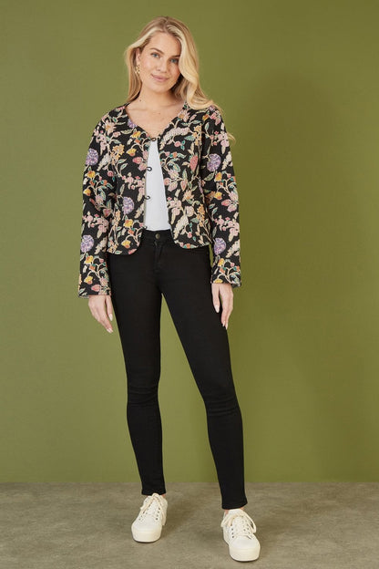 Yumi Black Floral Print Reversible Cotton Cropped Quilted Jacket
