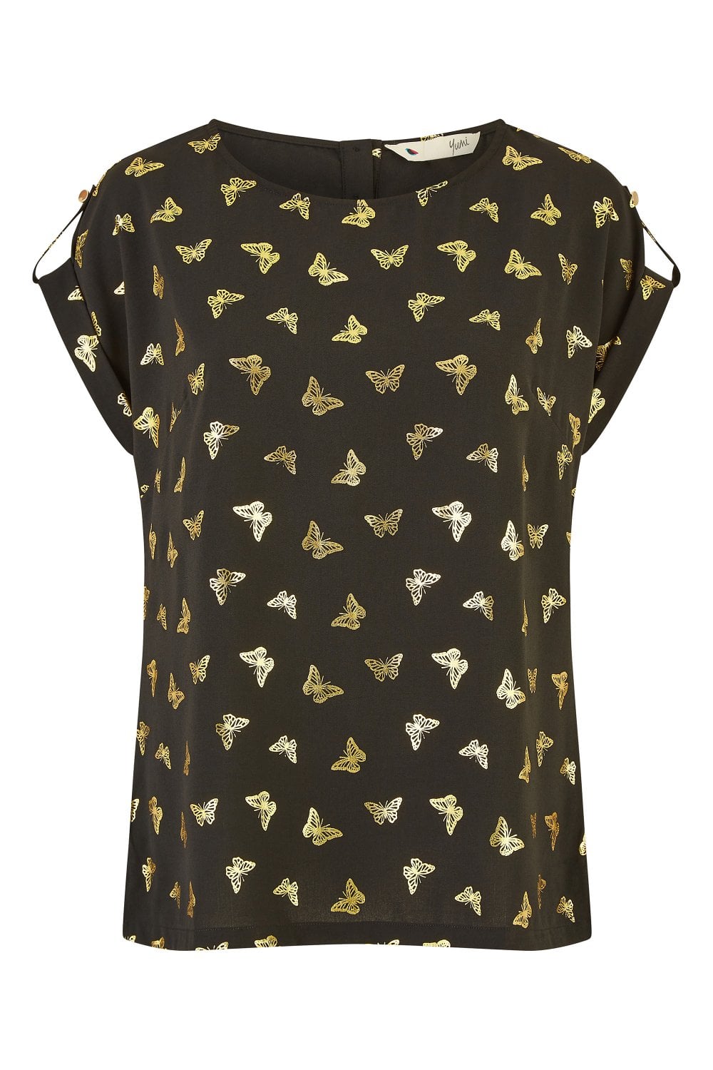 Yumi Black Foil Butterfly Print Top