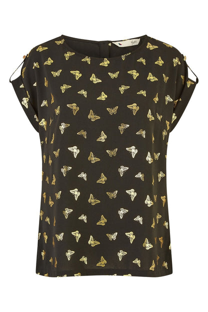 Yumi Black Foil Butterfly Print Top