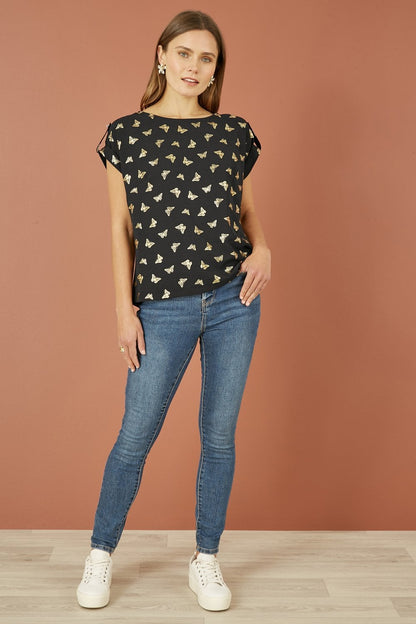 Yumi Black Foil Butterfly Print Top