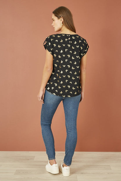 Yumi Black Foil Butterfly Print Top