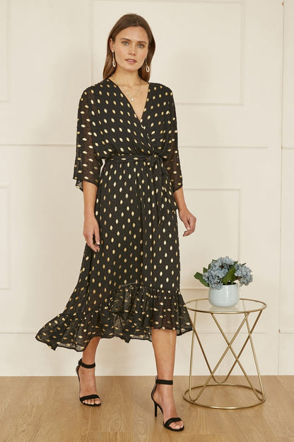 Yumi Black Foil Print Wrap Over Dip Hem Midi Dress