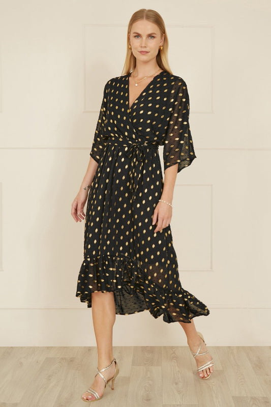 Yumi Black Foil Print Wrap Over Dip Hem Midi Dress