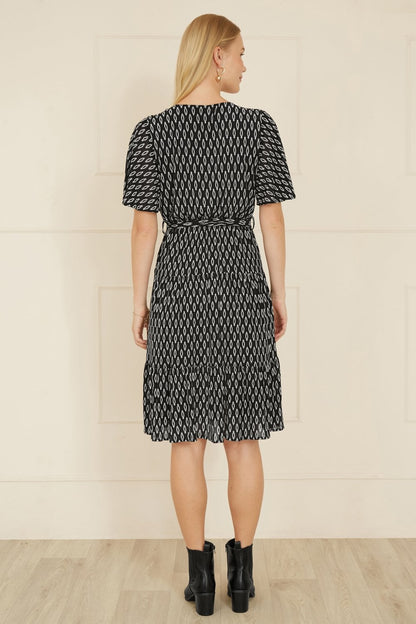 Yumi Black Geo Print Mesh Stretch Midi Skater Dress