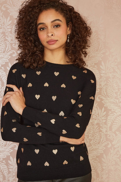 Yumi Black Gold Foil Heart Print Relaxed Fit Jumper