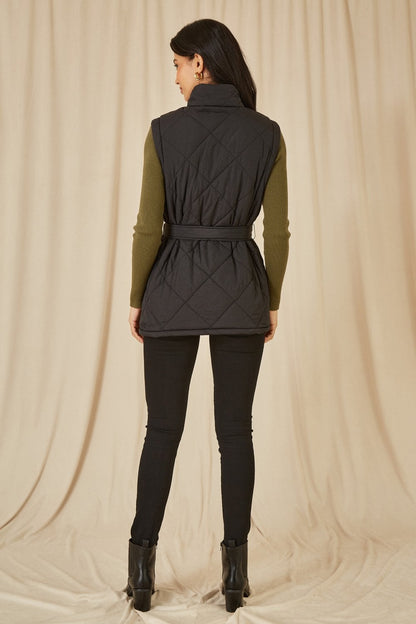Yumi Black High Neck Quilted Gilet With Belt
