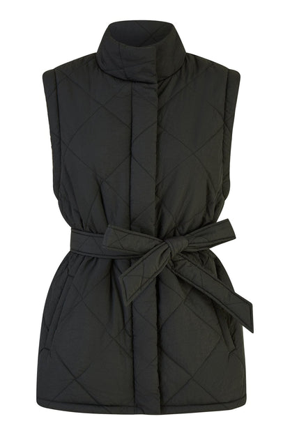 Yumi Black High Neck Quilted Gilet With Belt