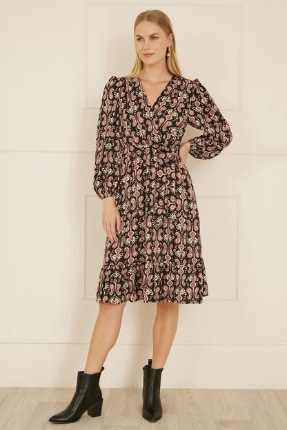 Yumi Black Ikat Long Sleeve Skater Dress