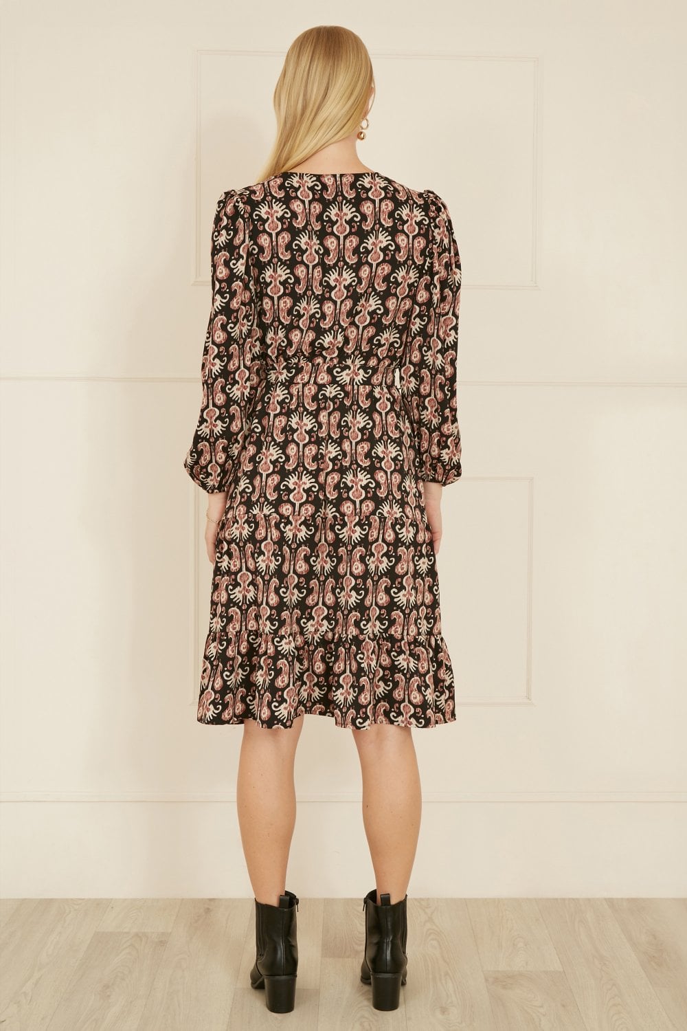 Yumi Black Ikat Long Sleeve Skater Dress